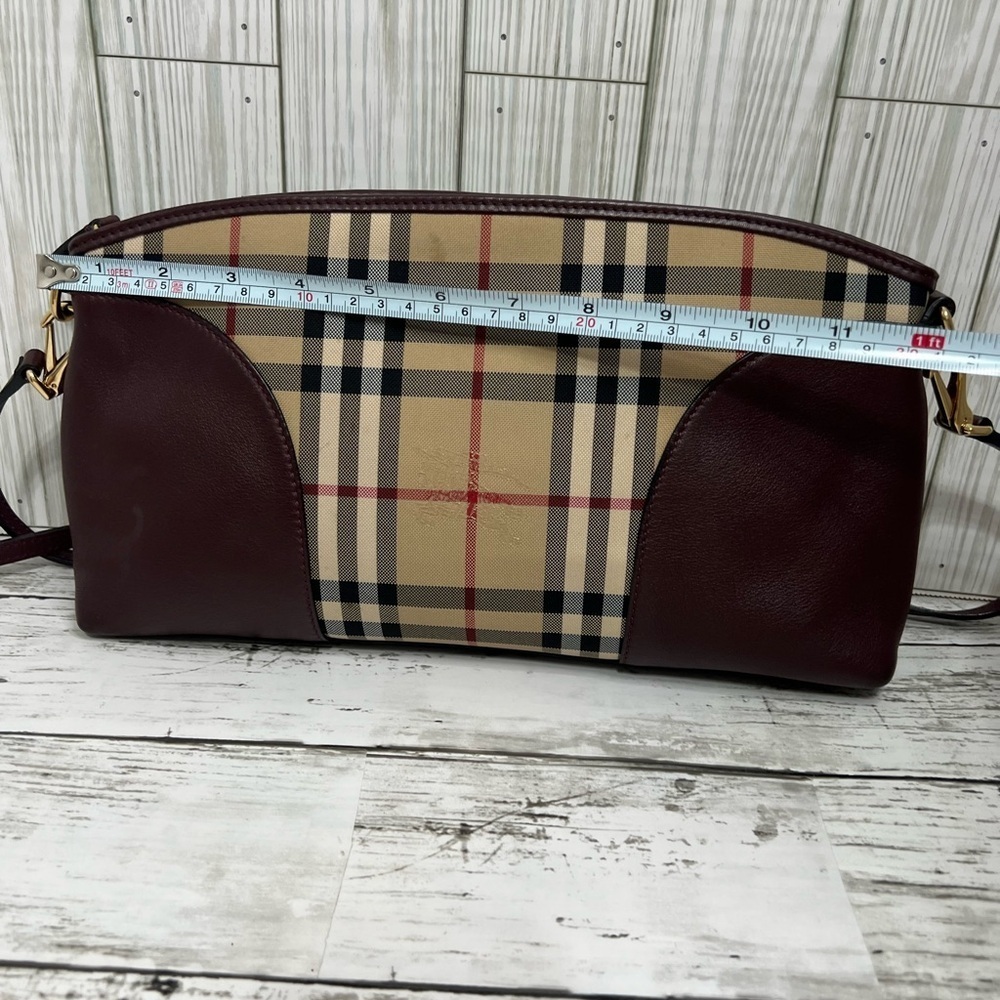 Burberry Nova Check Crossbody Clutch Bag Plaid Burgundy Leather Trim - Picture 10 of 12